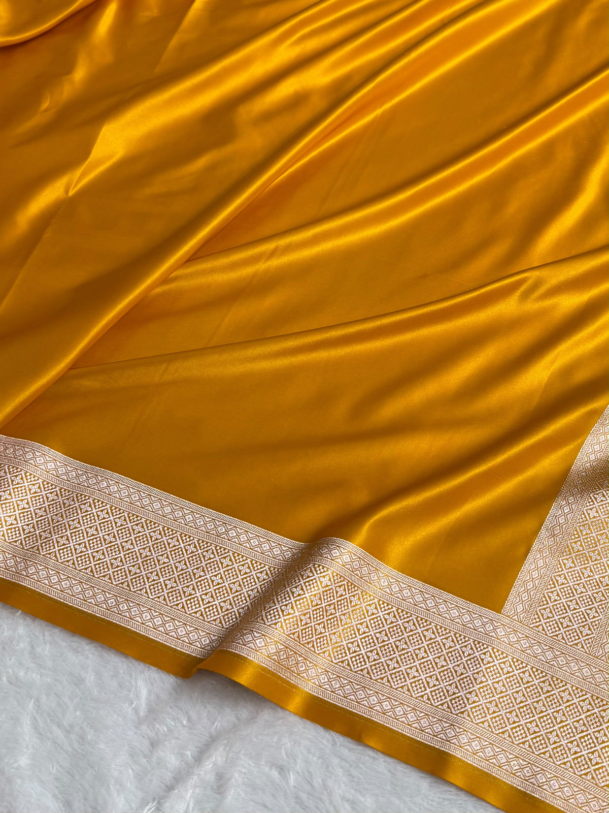 Banarasi Satin Katan Silk Saree Plain body with Minakari Pallu Pattern in Mustard Yellow Shades SK17