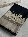 Banarasi Mashru Satin Silk Saree Ghat Pattern Black Shades MSK23