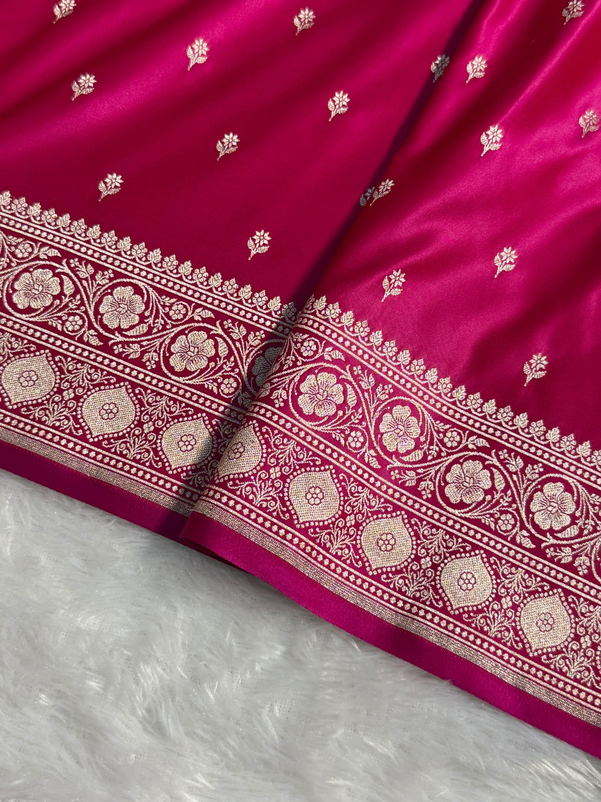 Banarasi Mashru Satin Silk Saree Booti Pattern Rani Pink Shades MSK26