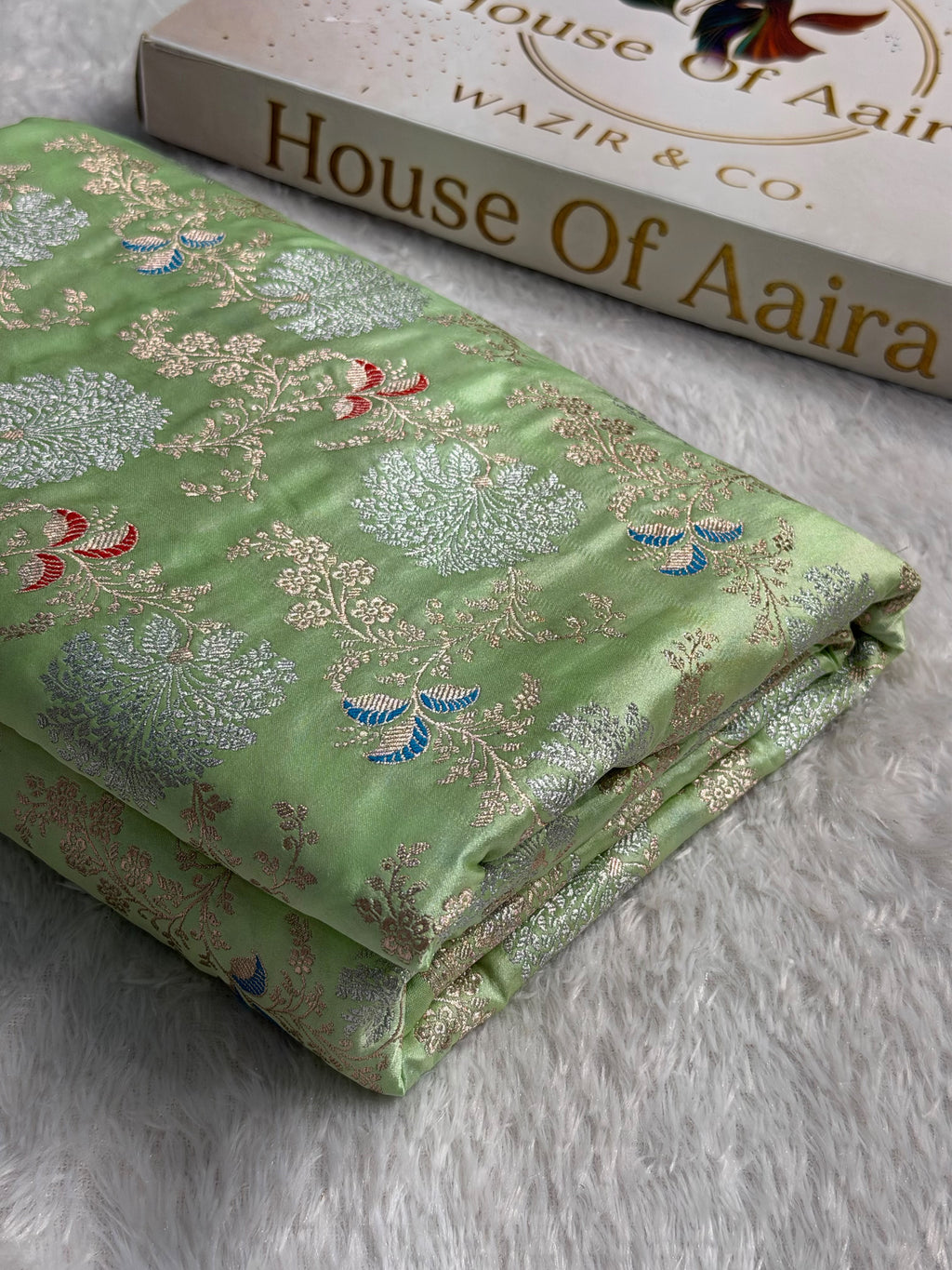 Banarasi Mashru Satin Silk Saree Floral Minakari Jaal Pattern In Pastel Pista Shades MSC11