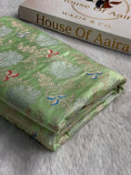 Banarasi Mashru Satin Silk Saree Floral Minakari Jaal Pattern In Pastel Pista Shades MSC11