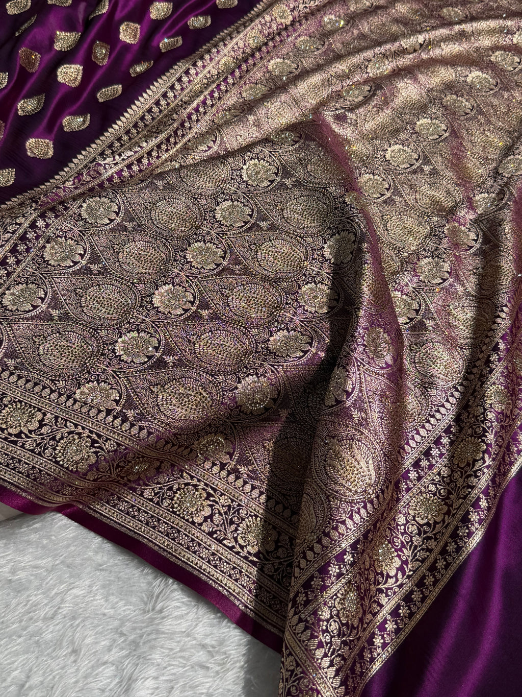 Banarasi Satin Silk Saree Booti Pattern With Swarovski Stone Work in Wine Shades BSS13