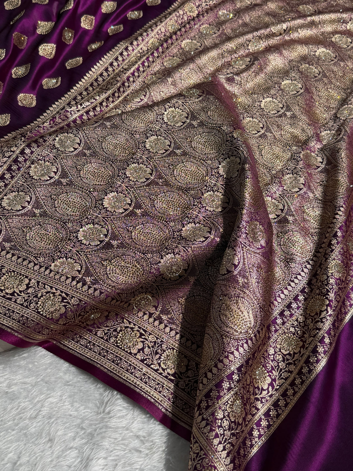 Banarasi Satin Silk Saree Booti Pattern With Swarovski Stone Work in Wine Shades BSS13