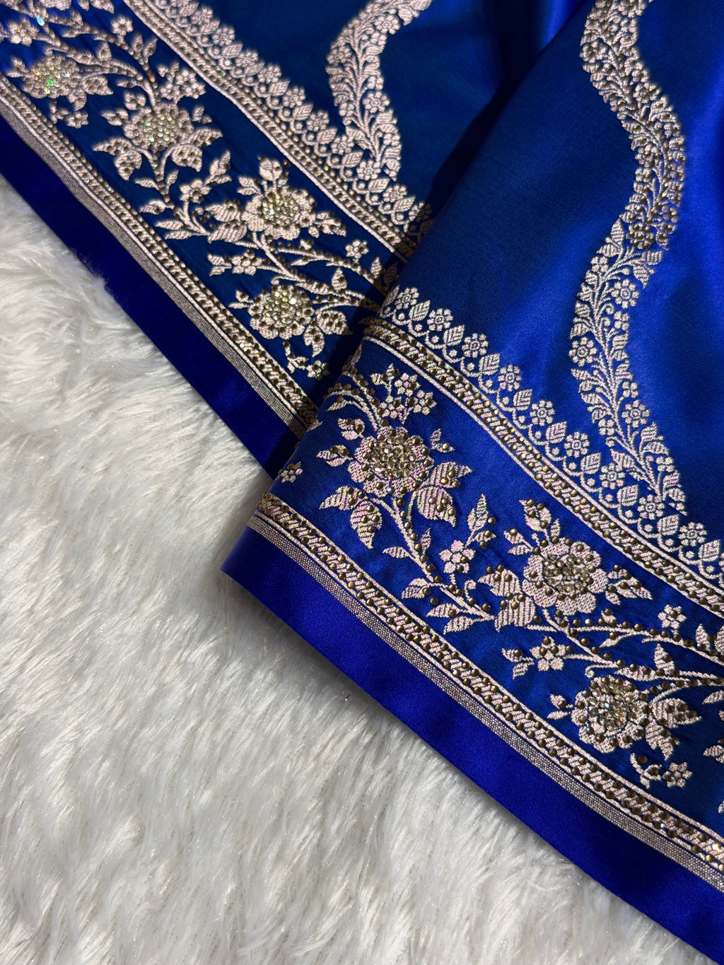 Bridal Mashru Satin Silk Saree With Swarovski Work Cross Pattern Royal Blue Shades BMSK12