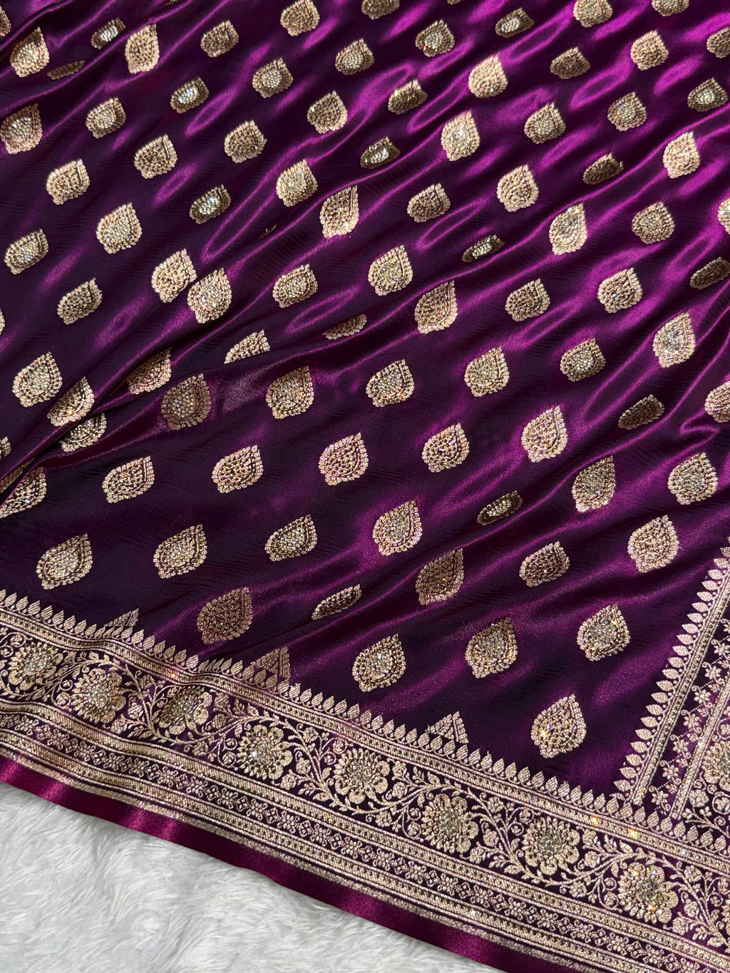 Banarasi Satin Silk Saree Booti Pattern With Swarovski Stone Work in Wine Shades BSS13