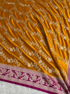 Banarasi Contrast Mashru Satin Silk Saree Floral Cross Pattern In Mustard & Rani Shades MSC16