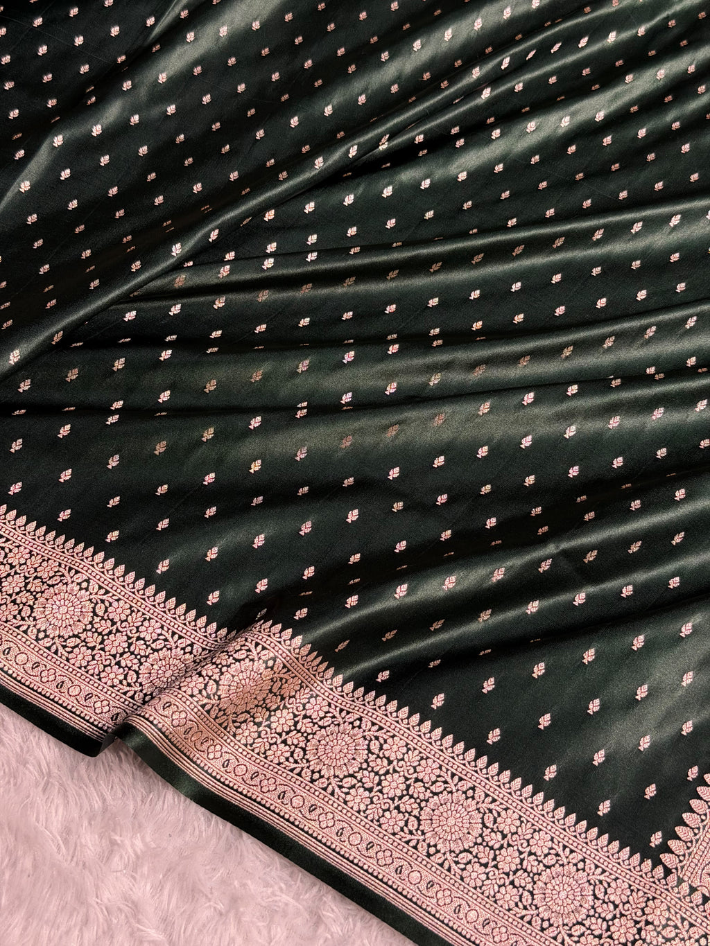 Banarasi Mashru Satin Silk Saree Booti Pattern Dark Bottle Green Shades MSK18