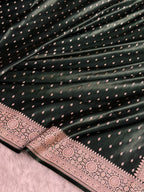 Banarasi Mashru Satin Silk Saree Booti Pattern Dark Bottle Green Shades MSK18