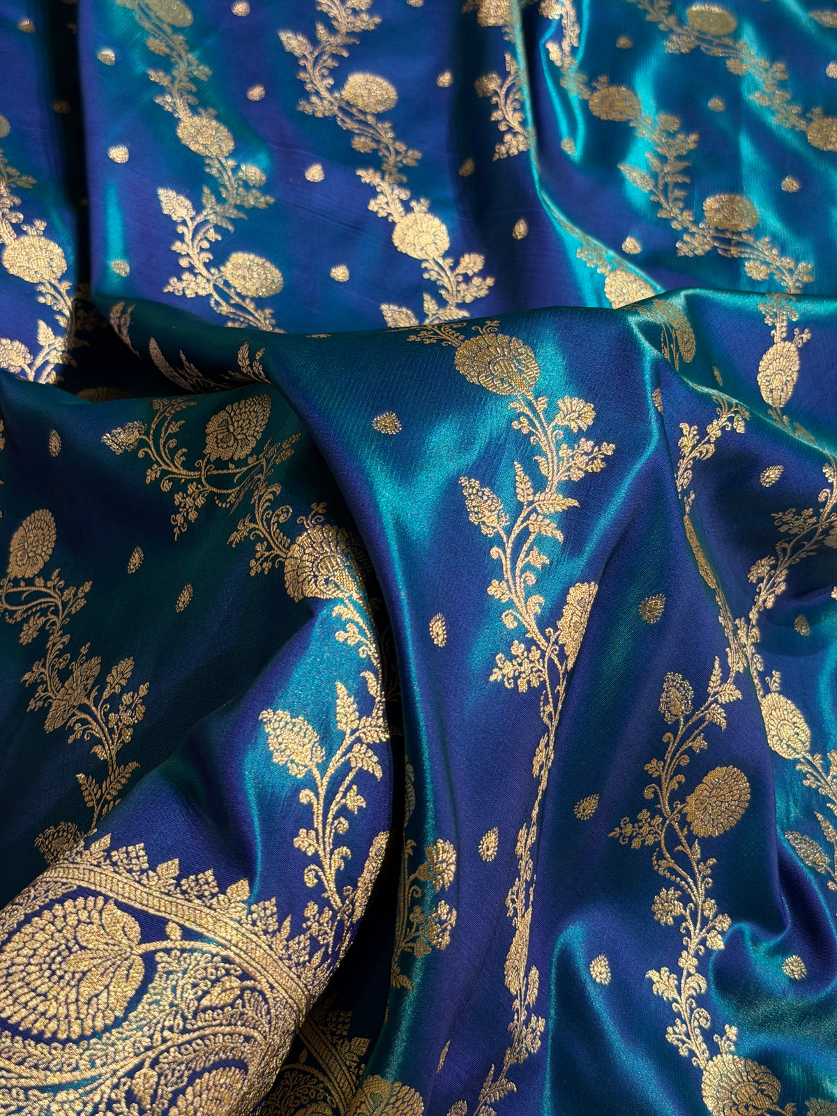Banarasi Satin Silk Saree Cross Pattern in Peacock Shades SS01