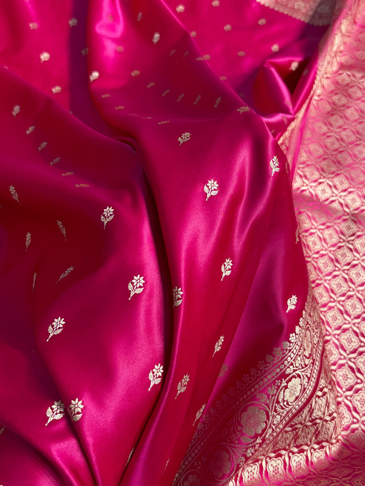 Banarasi Mashru Satin Silk Saree Booti Pattern Rani Pink Shades MSK26