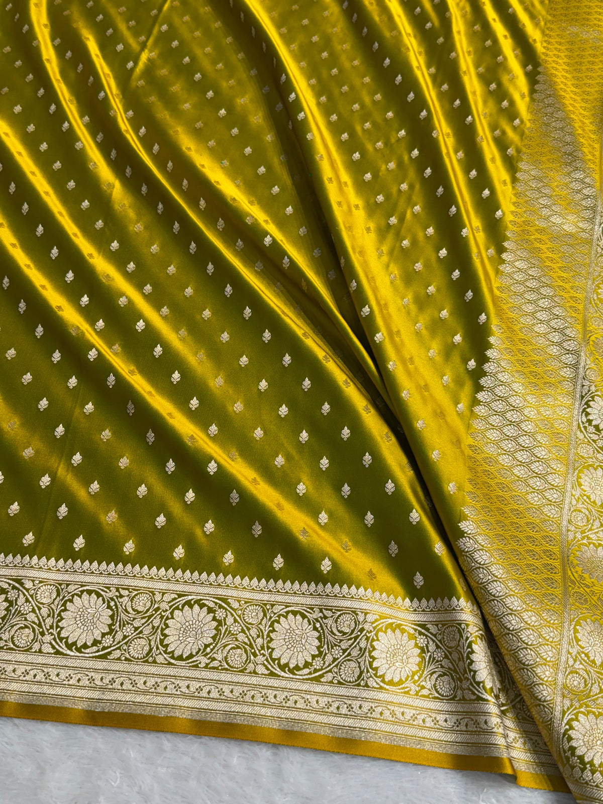 Banarasi Mashru Satin Silk Saree Booti Pattern Mahndi Gold Shades MSK25
