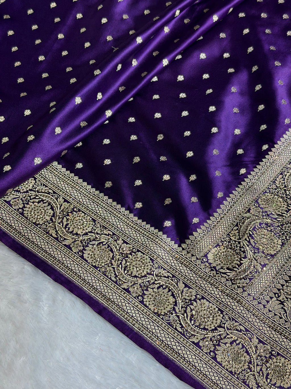 Bridal Banarasi Mashru Satin Silk Saree Booti Pattern with Swarovski Work In Purple Shades BMSC06