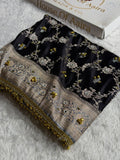 Banarasi Mashru Satin Silk Saree with Ghungroo & Mirror work Minakari Floral Jaal Pattern In Black With Grey Shades BMSC14