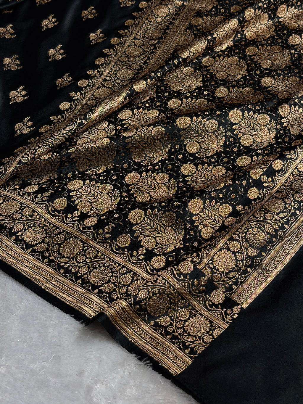 Banarasi Satin Katan Silk Saree Boota Pattern in Black Shades SK04