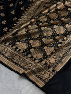 Banarasi Satin Katan Silk Saree Boota Pattern in Black Shades SK04
