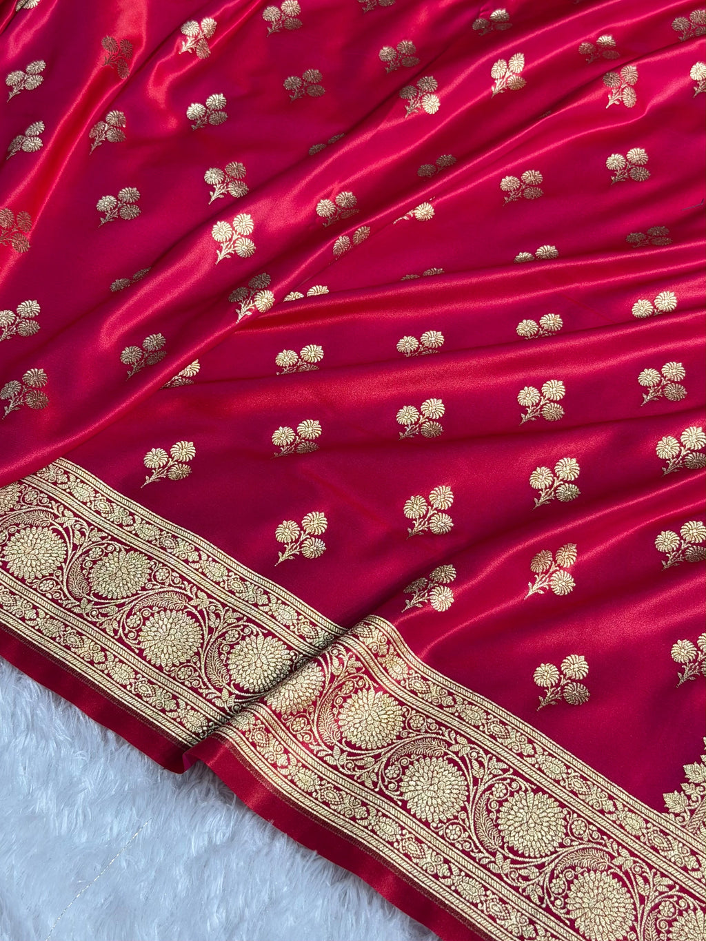 Banarasi Satin Katan Silk Saree Boota Pattern in Pinkish Red Shades SK02