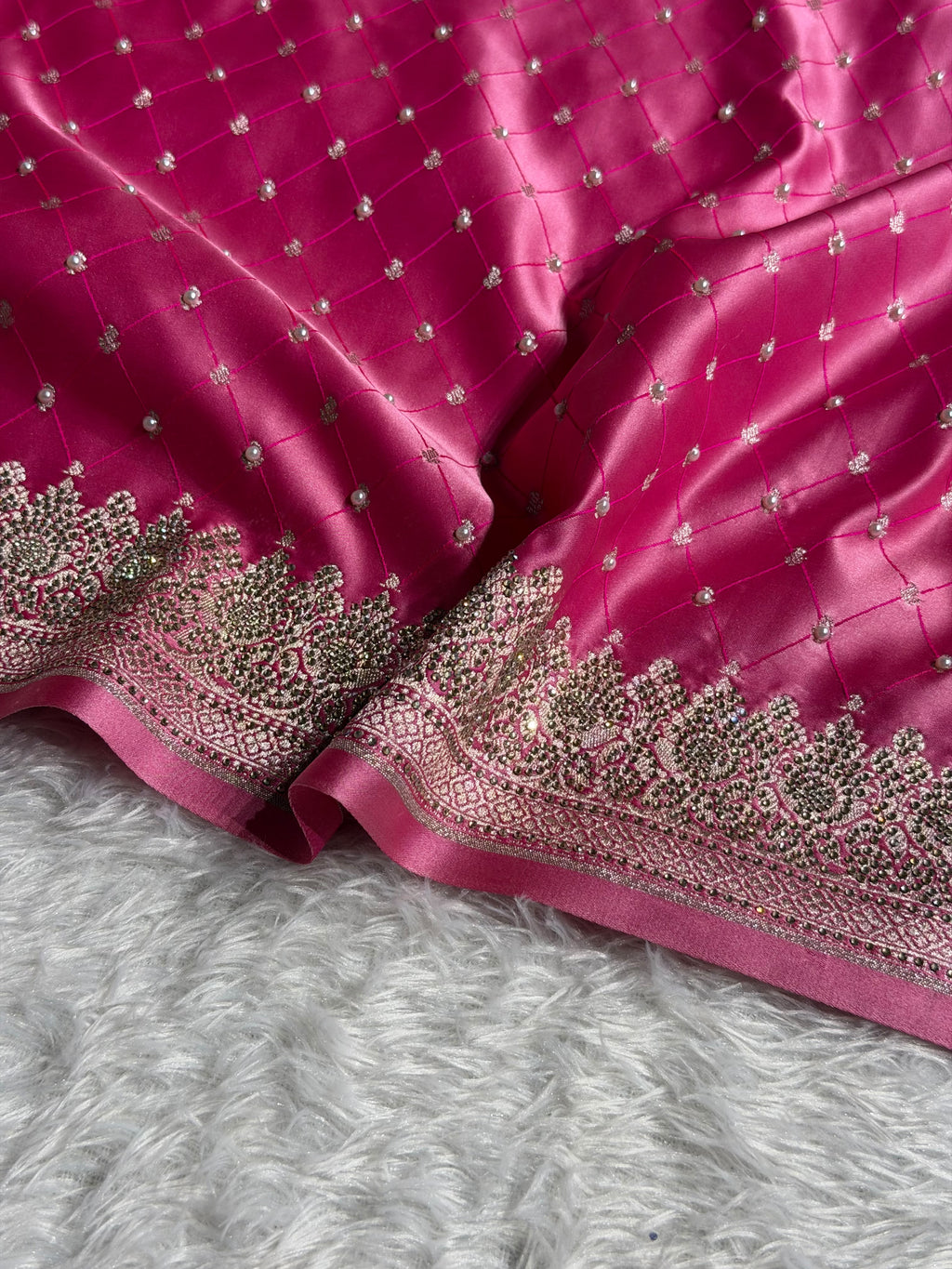 Banarasi Mashru Satin Silk Saree With Pearls & Swarovski Stone work Tanchoi Pattern Baby Pink Shades BMSK20