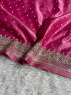 Banarasi Mashru Satin Silk Saree With Pearls & Swarovski Stone work Tanchoi Pattern Baby Pink Shades BMSK20