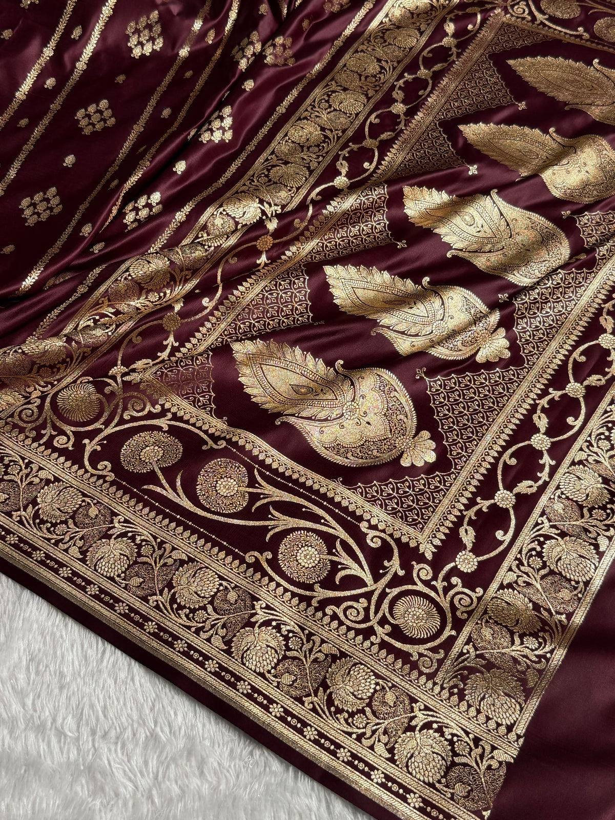 Banarasi Satin Katan Silk Saree Striped Pattern in Garnet Shades SK06