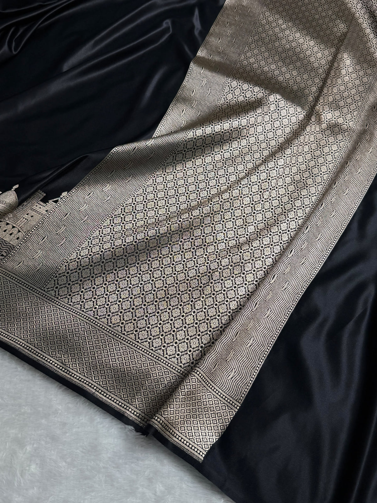 Banarasi Mashru Satin Silk Saree Ghat Pattern Black Shades MSK23