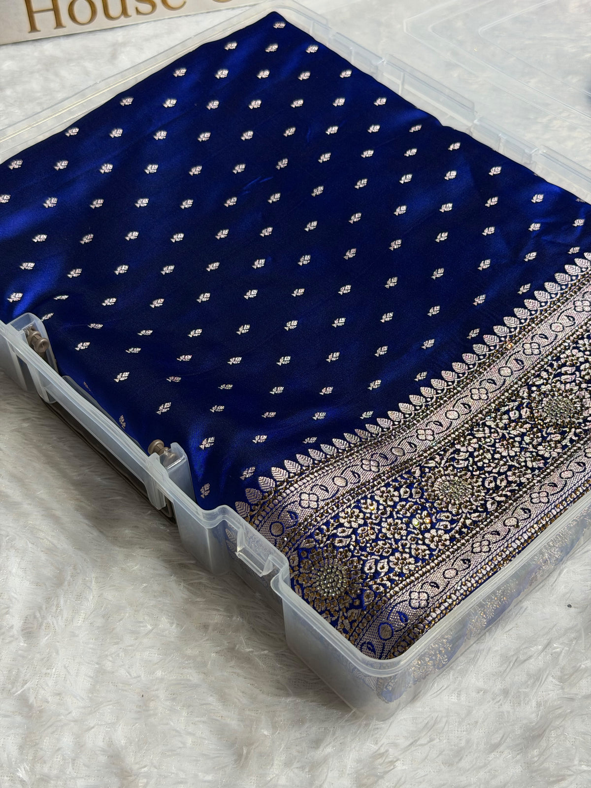 Banarasi Mashru Satin Silk Saree Booti Pattern With Swarovski Stone Work in Royal Blue Shades BMSK18