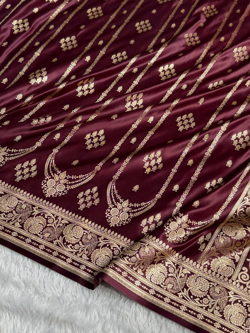 Banarasi Satin Katan Silk Saree Striped Pattern in Garnet Shades SK06