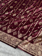 Banarasi Satin Katan Silk Saree Striped Pattern in Garnet Shades SK06
