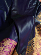 Banarasi Satin Katan Silk Saree Plain Body Pattern in Contrast Cross Navy Blue with Rani Shades SK05