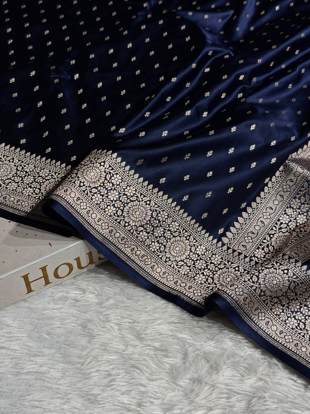Banarasi Mashru Satin Silk Saree Booti Pattern Navy Blue Shades MSK18