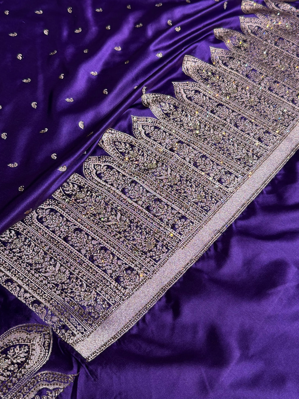 Bridal Banarasi Mashru Satin Silk Saree Skirt Pattern with Swarovski Work in Purple Shades BMSC02