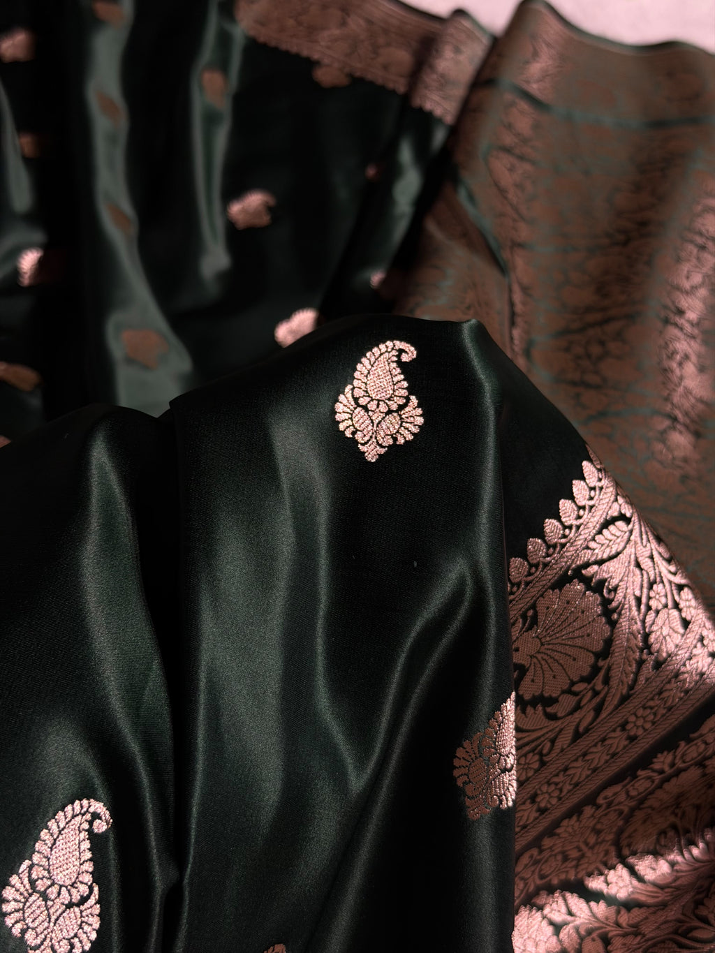 Banarasi Mashru Satin Silk Saree Booti Pattern in Dark Bottle Green Shades MSK06