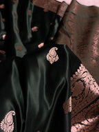 Banarasi Mashru Satin Silk Saree Booti Pattern in Dark Bottle Green Shades MSK06