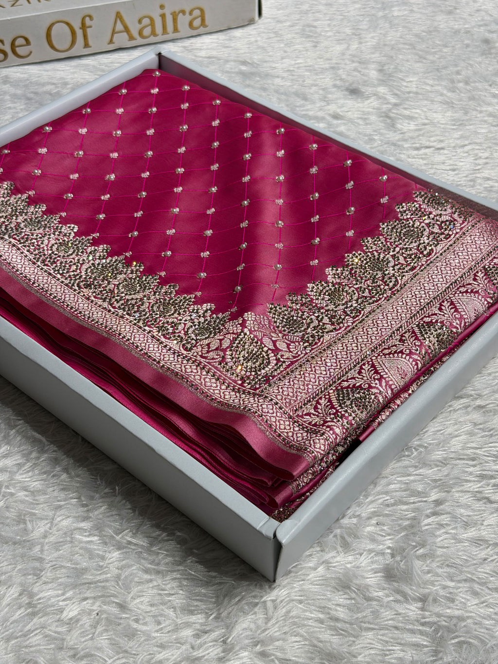 Banarasi Mashru Satin Silk Saree With Pearls & Swarovski Stone work Tanchoi Pattern Baby Pink Shades BMSK20