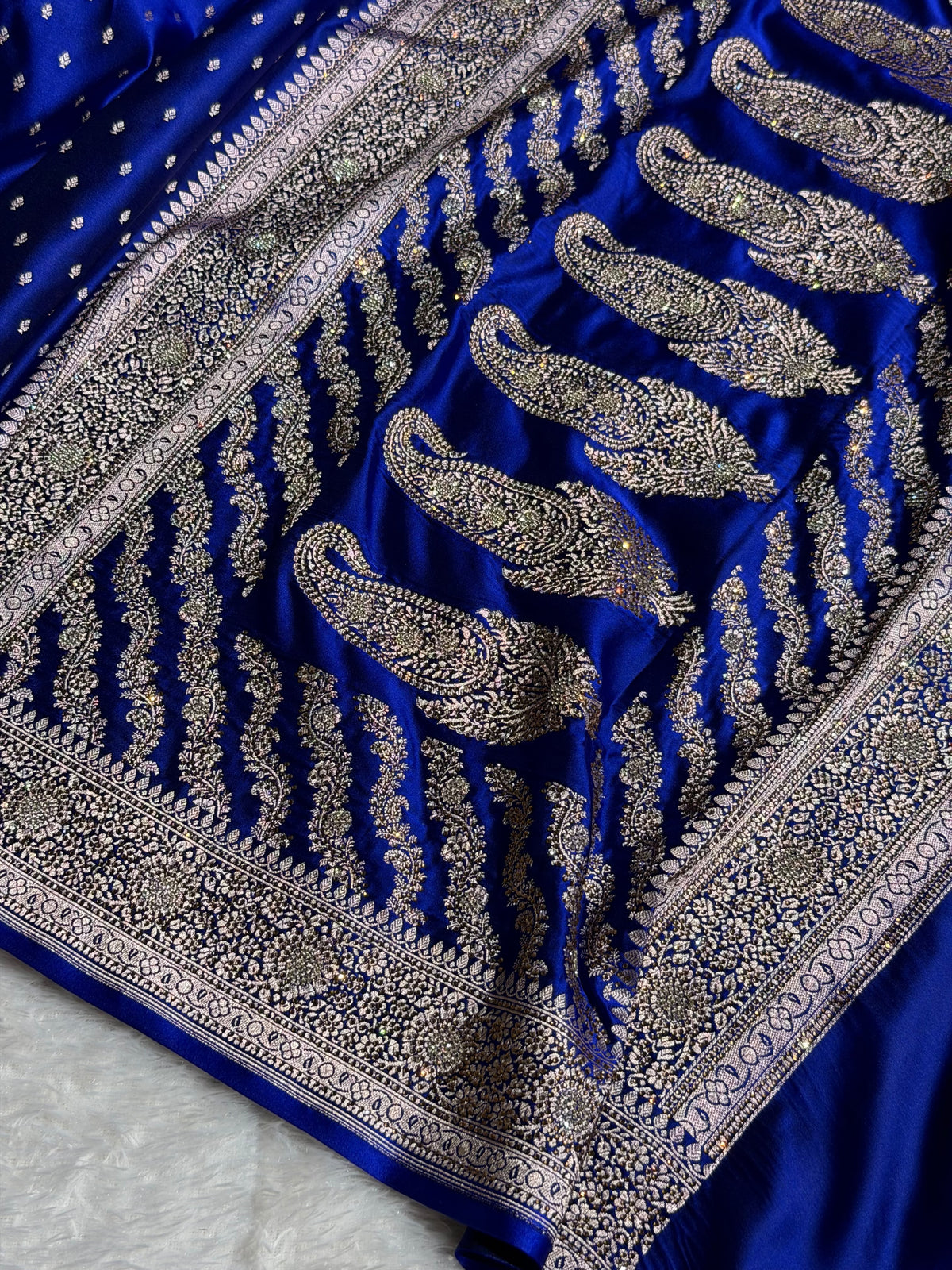 Banarasi Mashru Satin Silk Saree Booti Pattern With Swarovski Stone Work in Royal Blue Shades BMSK18