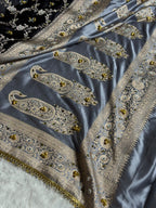 Banarasi Mashru Satin Silk Saree with Ghungroo & Mirror work Minakari Floral Jaal Pattern In Black With Grey Shades BMSC14