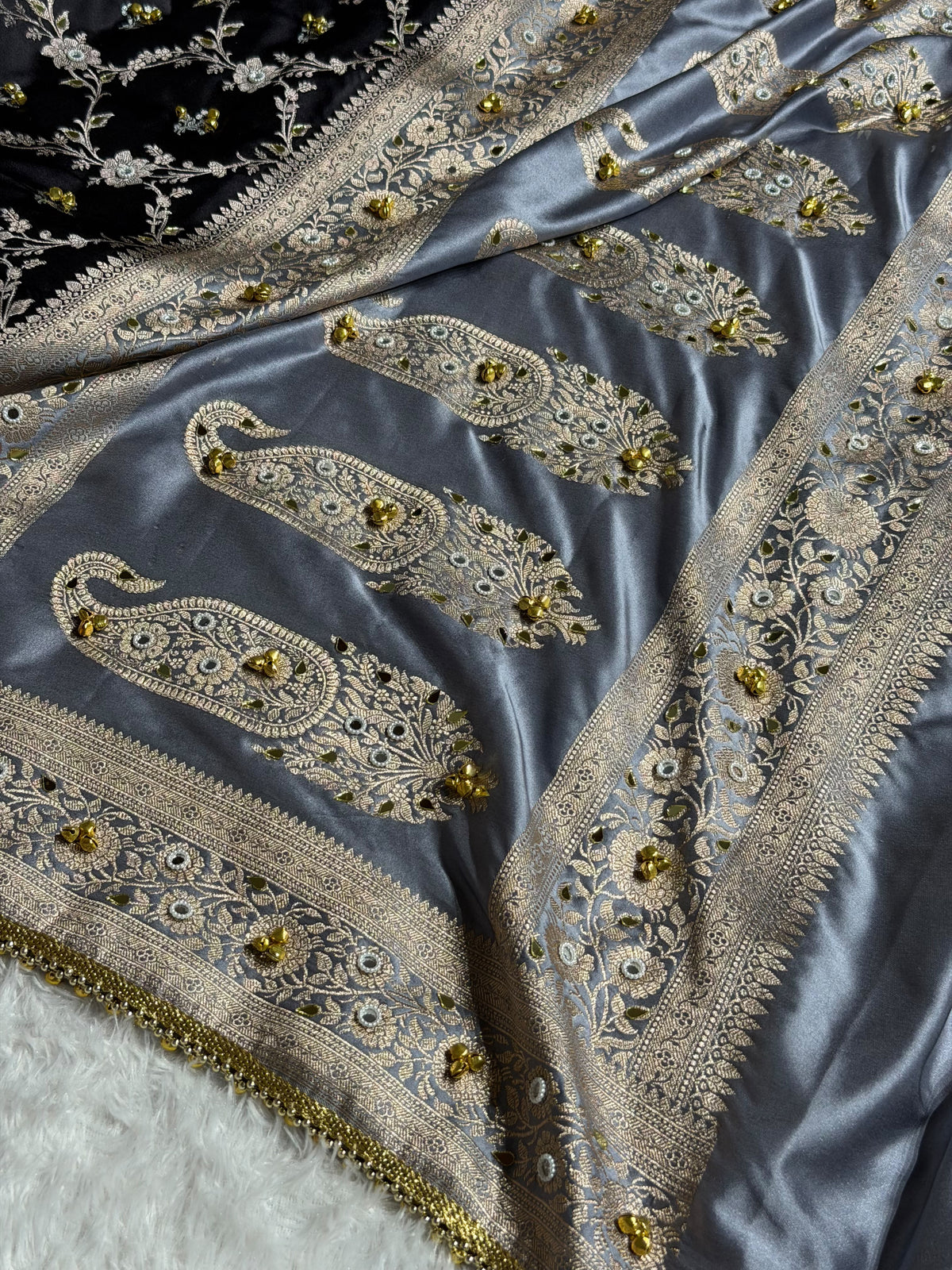 Banarasi Mashru Satin Silk Saree with Ghungroo & Mirror work Minakari Floral Jaal Pattern In Black With Grey Shades BMSC14