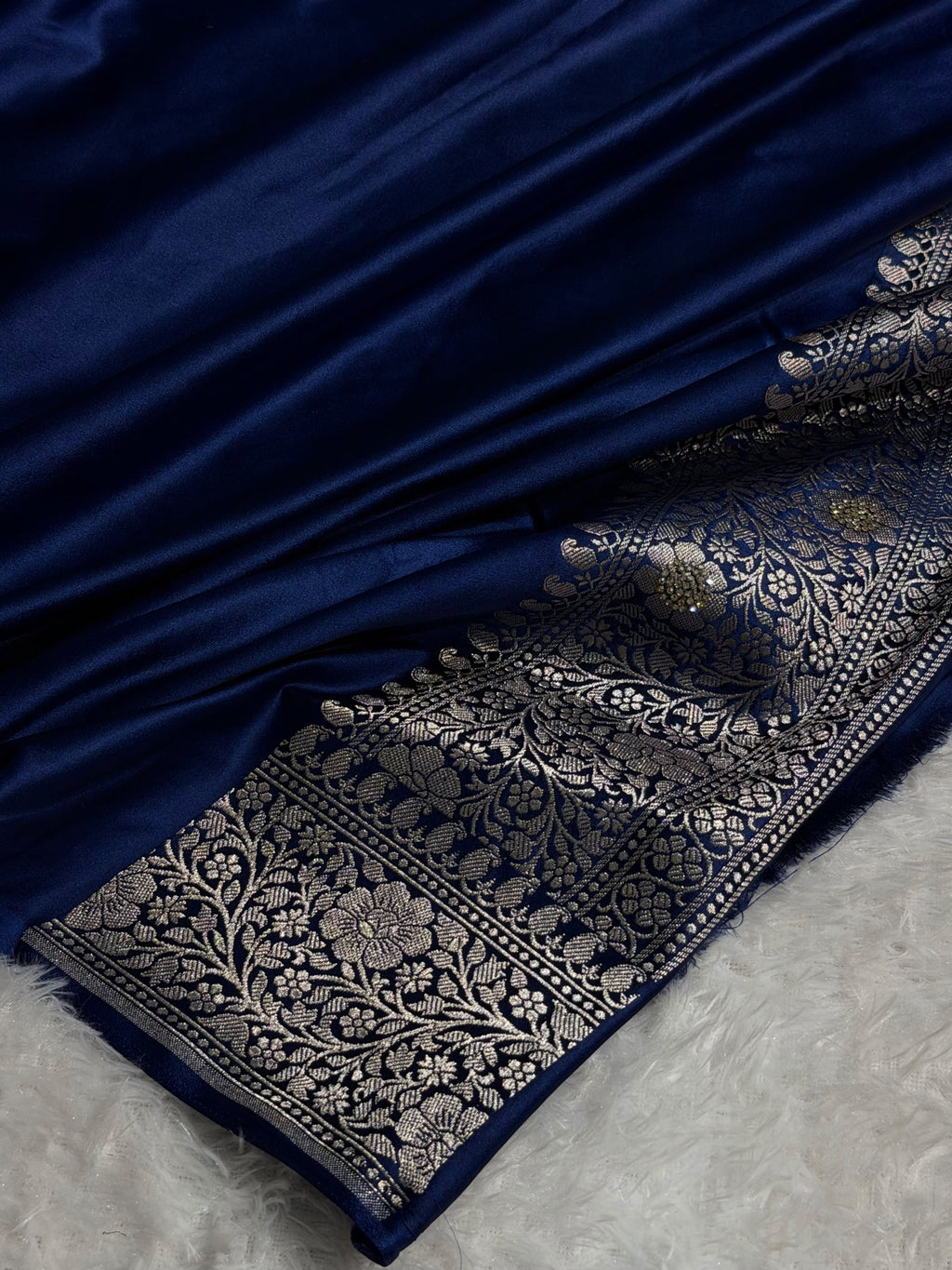 Banarasi Mashru Satin Silk Saree Tanchoi Pattern in Swarovski Work in Navy Blue Shades BMSC04