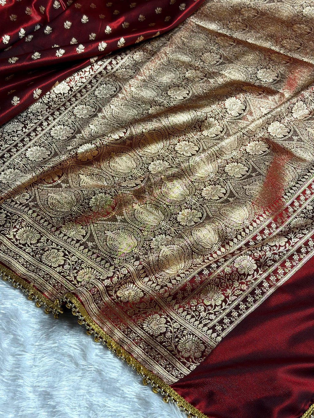 Banarasi Satin Silk Saree Booti Pattern With Ghungroo Gotta Patti Work in Maroon Shades SSGP02