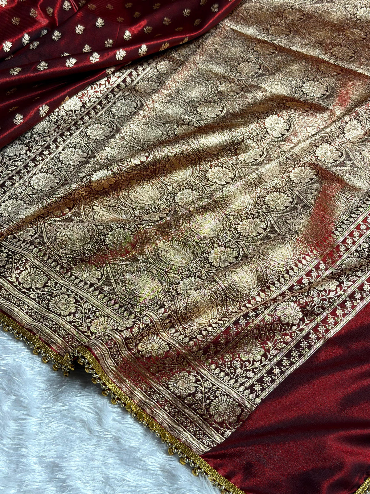 Banarasi Satin Silk Saree Booti Pattern With Ghungroo Gotta Patti Work in Maroon Shades SSGP02