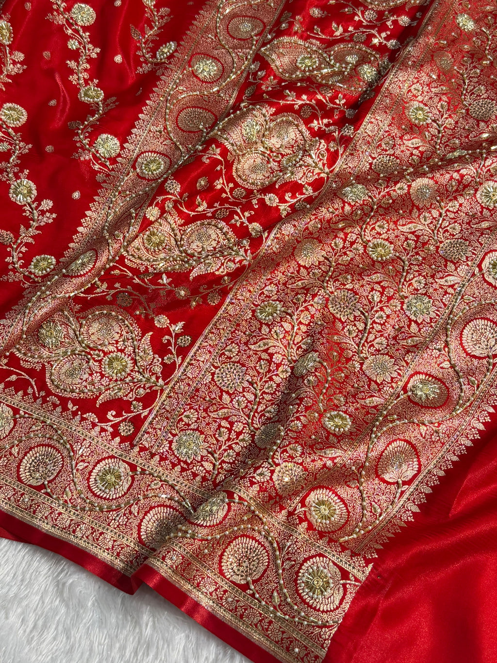 Bridal Satin Silk Saree With Zardozi Pearl Work Cross Pattern Red Shades BSS01