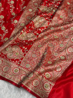 Bridal Satin Silk Saree With Zardozi Pearl Work Cross Pattern Red Shades BSS01