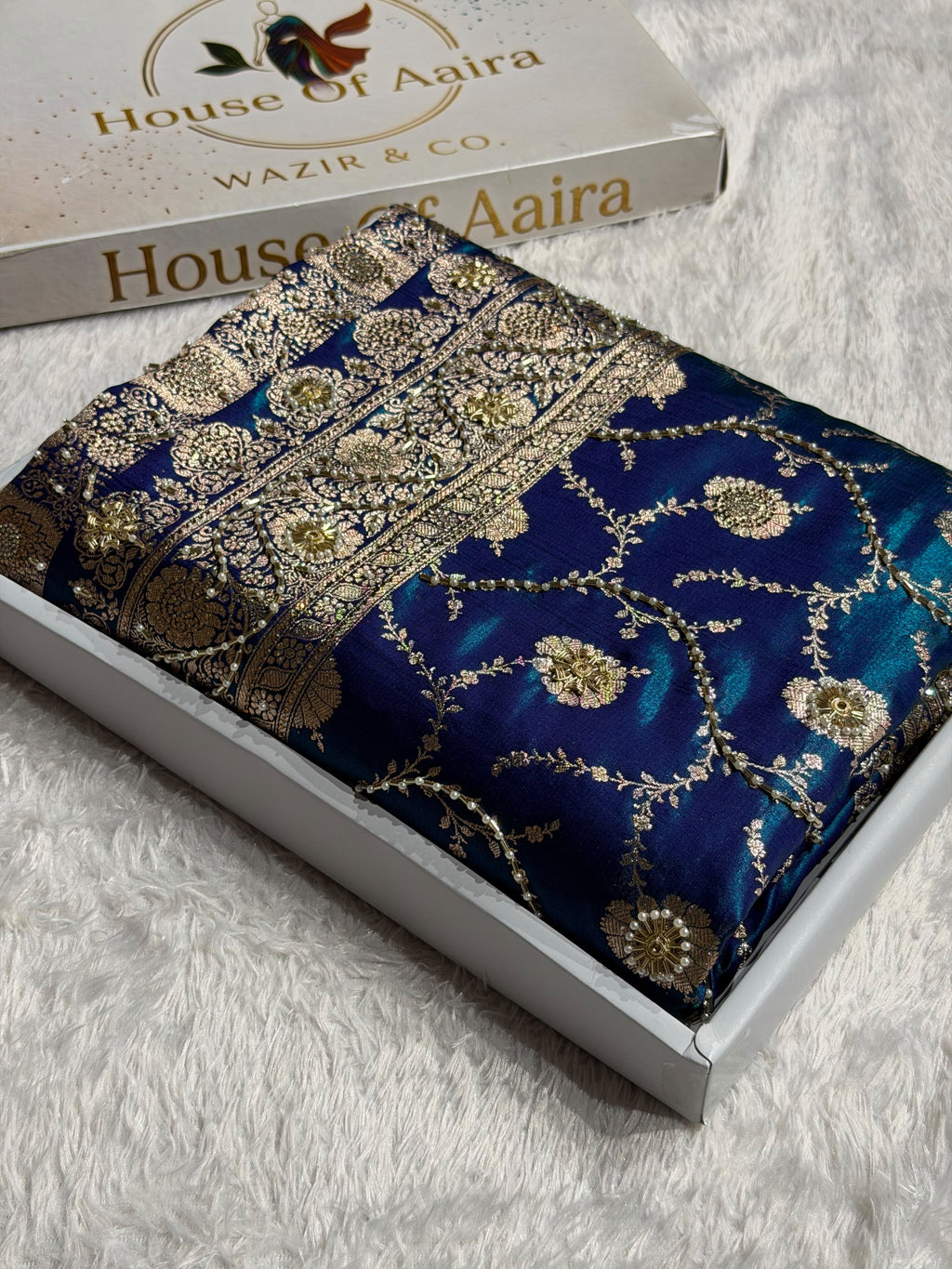 Banarasi Satin Silk Saree With Pearl Aari Work Jaal Pattern in Peacock Shades BSS12