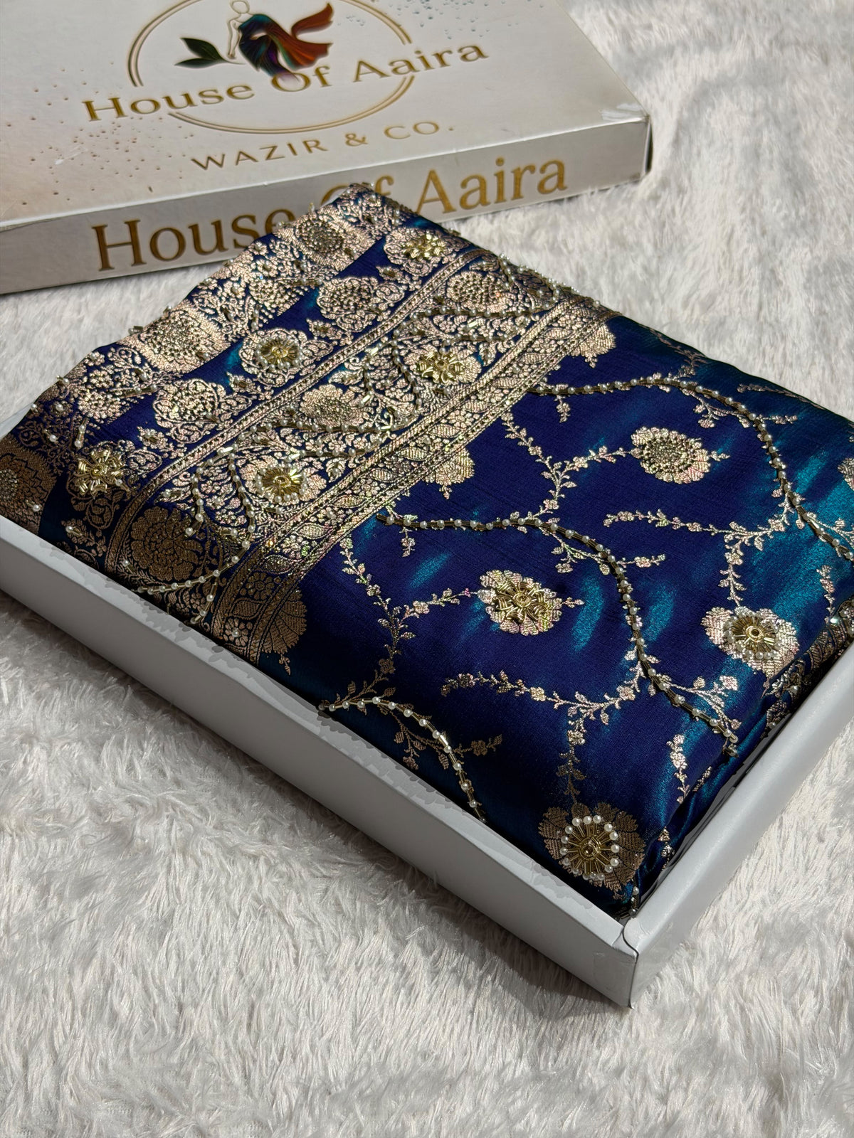 Banarasi Satin Silk Saree With Pearl Aari Work Jaal Pattern in Peacock Shades BSS12