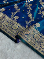 Banarasi Satin Silk Saree Cross Pattern in Peacock Shades SS01