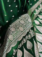 Banarasi Satin Katan Silk Saree Booti Pattern in Bottle Green Shades SK03