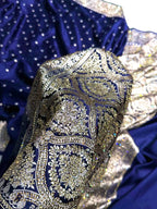 Banarasi Mashru Satin Silk Saree Tanchoi Pattern in Swarovski Work in Navy Blue Shades BMSC04
