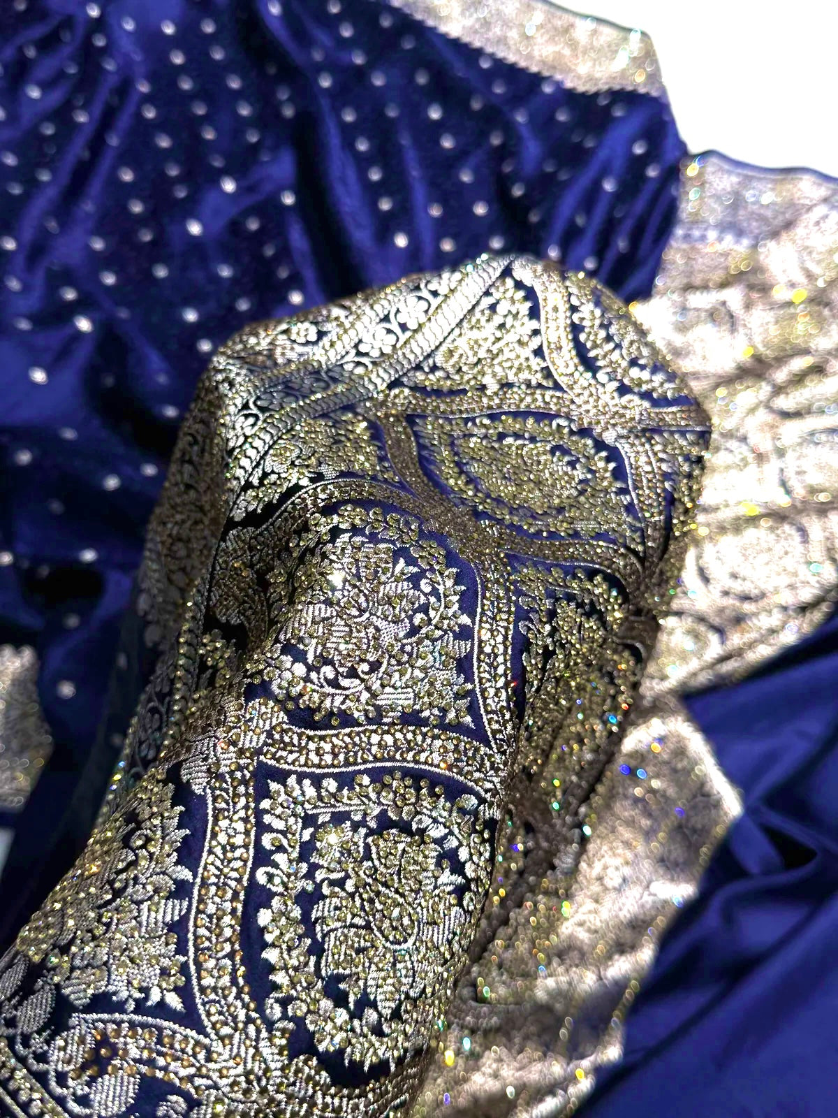 Banarasi Mashru Satin Silk Saree Tanchoi Pattern in Swarovski Work in Navy Blue Shades BMSC04