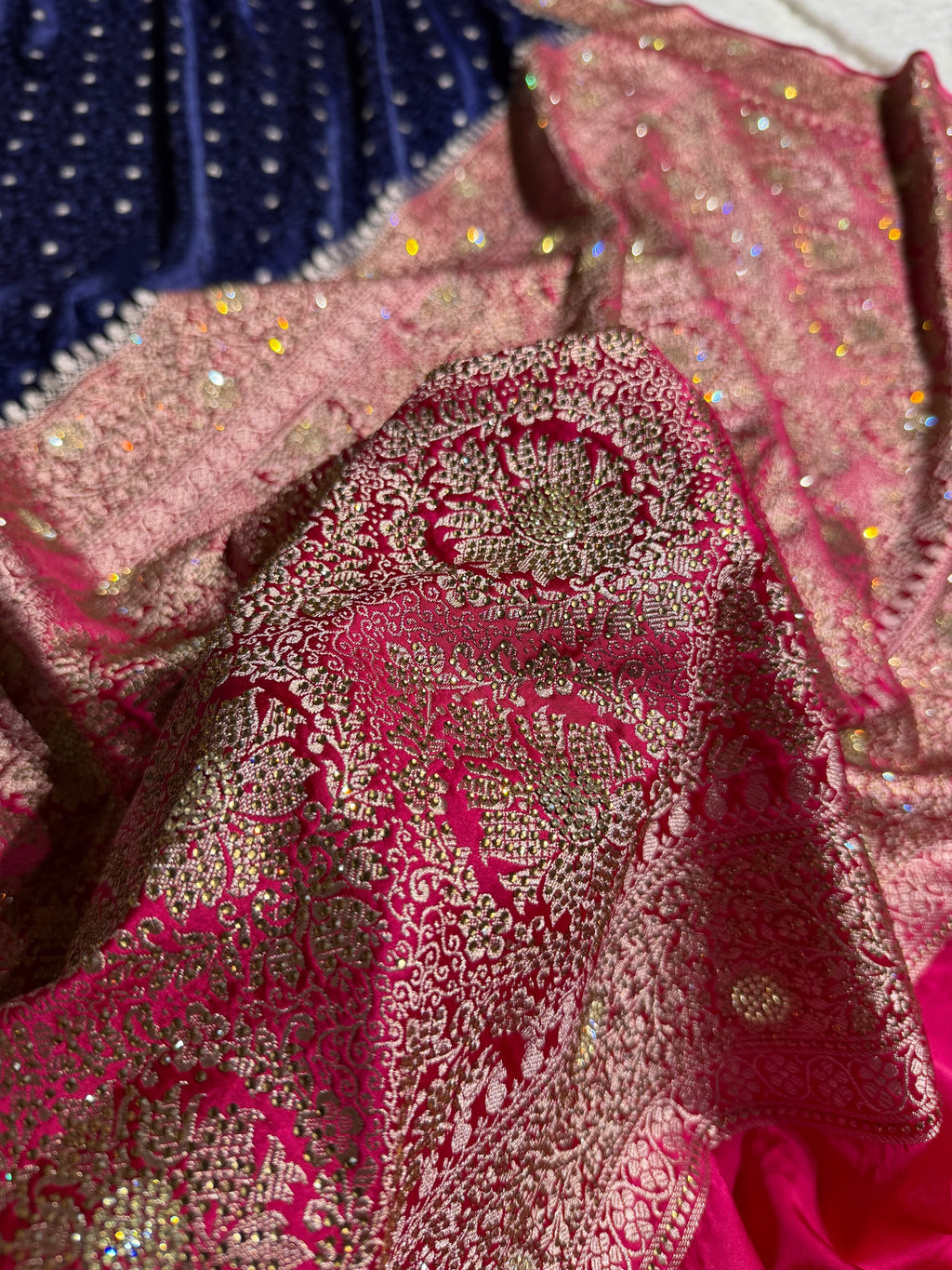 Banarasi Mashru Satin Silk Saree Tanchoi Pattern in Swarovski Work in Contrast Navy Blue with Pink Shades BMSC04