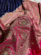 Banarasi Mashru Satin Silk Saree Tanchoi Pattern in Swarovski Work in Contrast Navy Blue with Pink Shades BMSC04