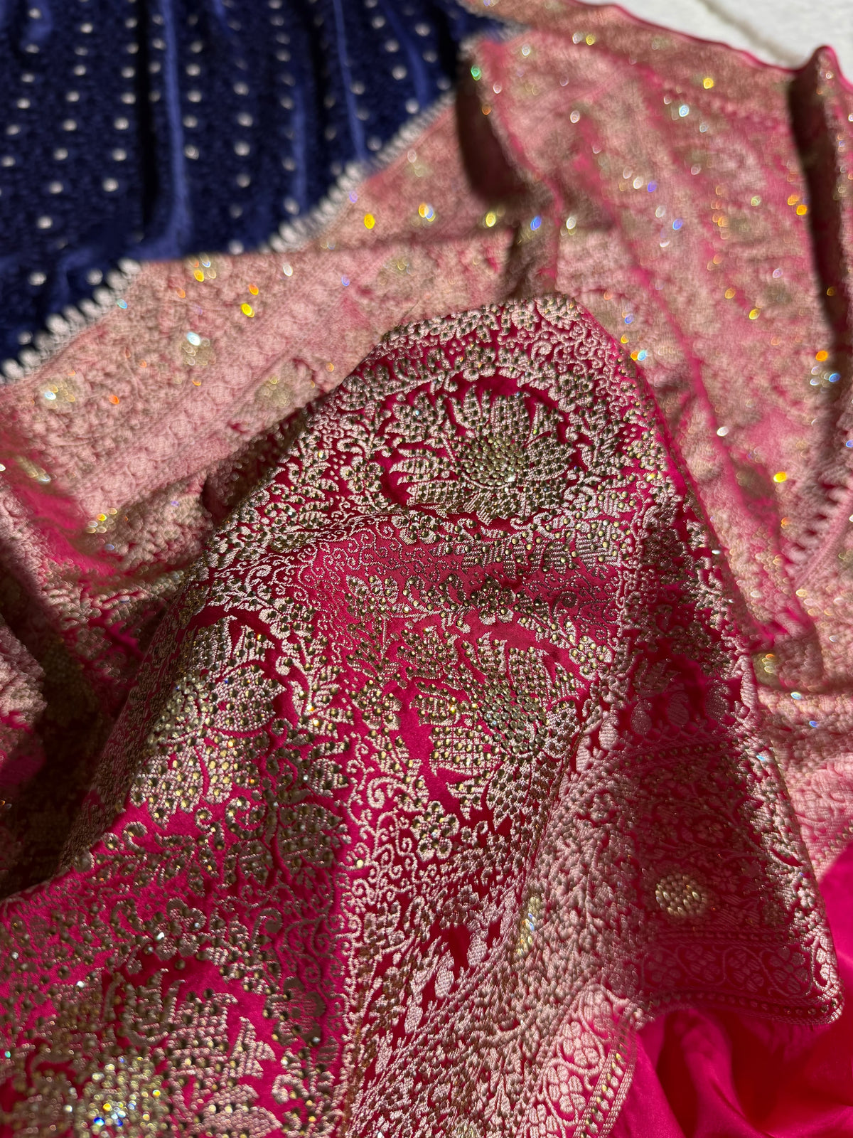 Banarasi Mashru Satin Silk Saree Tanchoi Pattern in Swarovski Work in Contrast Navy Blue with Pink Shades BMSC04